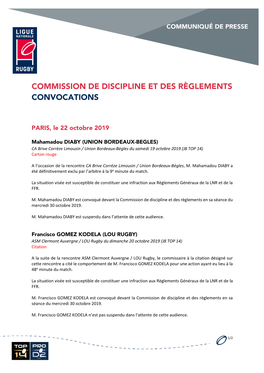Commission De Discipline Et Des Règlements Convocations