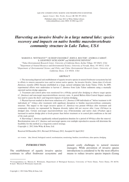 Harvesting an Invasive Bivalve in a Large Natural Lake: Species Recovery and Impacts on Native Benthic Macroinvertebrate Community Structure in Lake Tahoe, USA