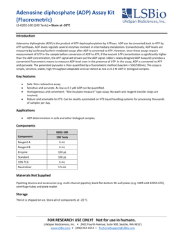 Adenosine Diphosphate (ADP) Assay Kit (Fluorometric) LS-K202-100 (100 Tests) • Store at -20°C