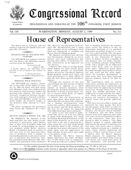 Congressional Record United States Th of America PROCEEDINGS and DEBATES of the 106 CONGRESS, FIRST SESSION