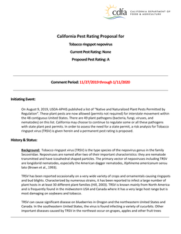 Tobacco Ringspot Virus (TRSV) Is Given Herein and a Permanent Pest Rating Is Proposed