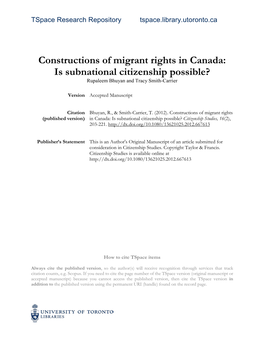 Constructions of Migrants' Rights in Canada: Is Subnational Citizenship