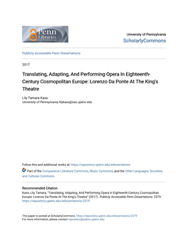 Translating, Adapting, and Performing Opera in Eighteenth-Century Cosmopolitan Europe: Lorenzo Da Ponte at the King's Theatre" (2017)