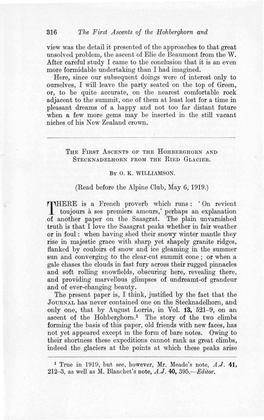 The First Ascents of the Hohberghorn and View Was the Detail It Presented of the Approaches to That Great Unsolved Problem, the Ascent of Elie De Beaumont from the W