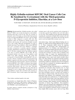 Highly Eribulin-Resistant KBV20C Oral Cancer Cells Can Be Sensitized By