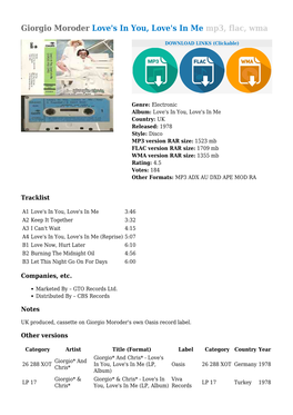 Giorgio Moroder Love's in You, Love's in Me Mp3, Flac, Wma