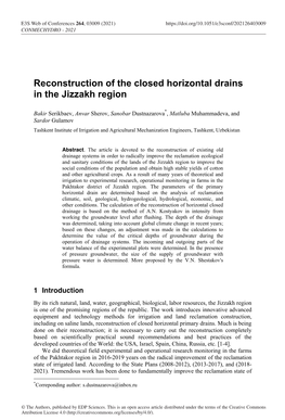 Reconstruction of the Closed Horizontal Drains in the Jizzakh Region