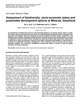 Assessment of Biodiversity, Socio-Economic Status and Sustainable Development Options at Mlawula, Swaziland