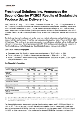 Freshlocal Solutions Inc. Announces the Second Quarter FY2021 Results of Sustainable Produce Urban Delivery Inc