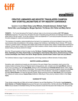 News Release. Creative Luminaries and Industry