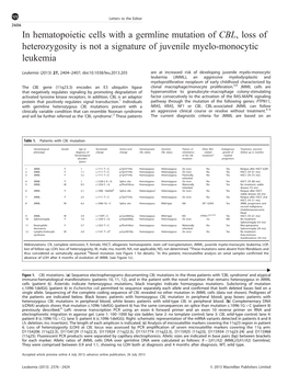 CBL, Loss of Heterozygosity Is Not a Signature of Juvenile Myelo-Monocytic Leukemia