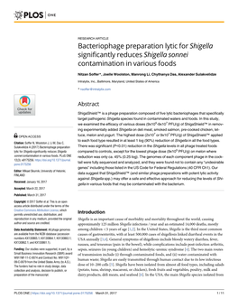 Bacteriophage Preparation Lytic for Shigella Significantly Reduces Shigella Sonnei Contamination in Various Foods