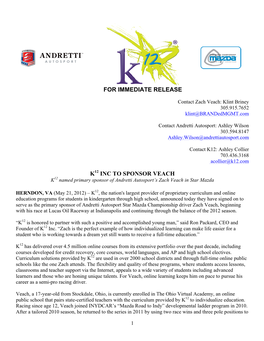 K12 INC to Sponsor Zach Veach