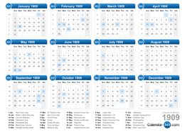 Calendar 1909 & Holidays 1909