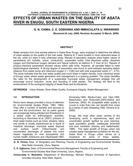 Effects of Urban Wastes on the Quality of Asata River in Enugu, South Eastern Nigeria