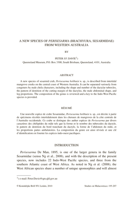 A New Species of Perisesarma (Brachyura, Sesarmidae) from Western Australia