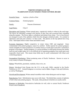 1 WRITTEN FINDINGS of the WASHINGTON STATE NOXIOUS WEED CONTROL BOARD Scientific Name: Aegilops Cylindrica Host Common Name