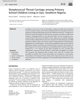 Streptococcal Throat Carriage Among Primary School Children Living in Uyo, Southern Nigeria