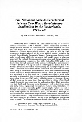 The Nationaal Arbeids-Secretariaat Between Two Wars: Revolutionary Syndicalism in the Netherlands, 1919-1940