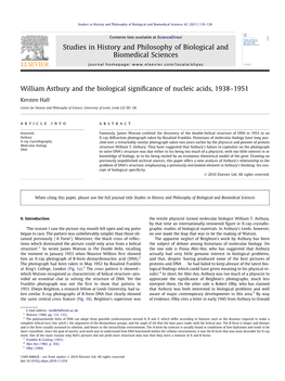 William Astbury and the Biological Significance of Nucleic Acids, 1938Â