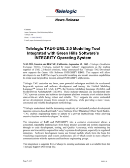 Telelogic TAU® UML 2.0 Modeling Tool Integrated with Green Hills Software’S INTEGRITY Operating System