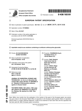 Injectable Ready-To-Use Solutions Containing an Antitumor Anthracycline Glycoside