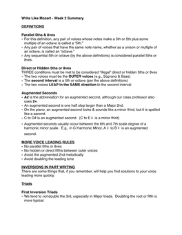 Week 2 Summary DEFINITIONS Parallel 5Ths & 8Ves