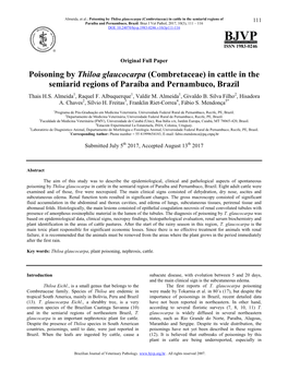 Poisoning by Thiloa Glaucocarpa (Combretaceae) in Cattle in the Semiarid Regions of 111 Paraíba and Pernambuco, Brazil