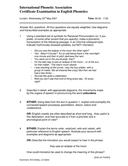 International Phonetic Association Certificate Examination in English Phonetics