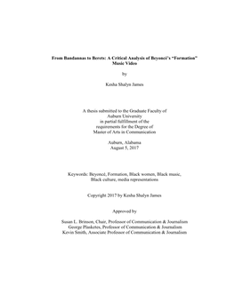 From Bandannas to Berets: a Critical Analysis of Beyoncé's “Formation” Music Video by Kesha Shalyn James a Thesis Submit