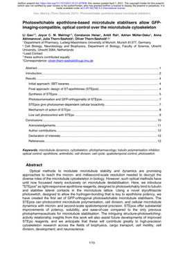 Photoswitchable Epothilone-Based Microtubule Stabilisers Allow GFP- Imaging-Compatible, Optical Control Over the Microtubule Cytoskeleton
