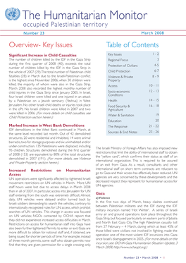 The Humanitarian Monitor Occupied Palestinian Territory Number 23 March 2008 Overview- Key Issues Table of Contents