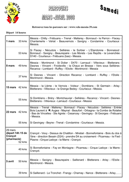 Frébuans – Trenal - Mallerey - Bonnaud - Le Perron - Flacey - 1 Mars 33 Kms Chantemerle - Vériat - Beauvernois - Savigny - Condamine - Courlaoux - Messia