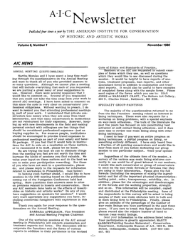 A.I.C Newssletter Published Four Times a Year by the AMERICAN INSTITUTE for CONSERVATION of HISTORIC and ARTISTIC WORKS