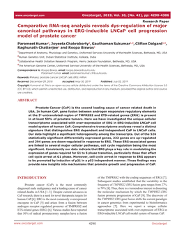 Comparative RNA-Seq Analysis Reveals Dys-Regulation of Major Canonical Pathways in ERG-Inducible Lncap Cell Progression Model of Prostate Cancer