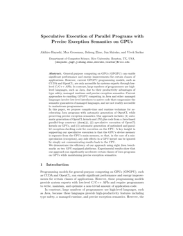 Speculative Execution of Parallel Programs with Precise Exception Semantics on Gpus