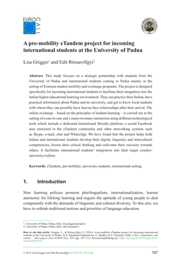 A Pre-Mobility Etandem Project for Incoming International Students at the University of Padua