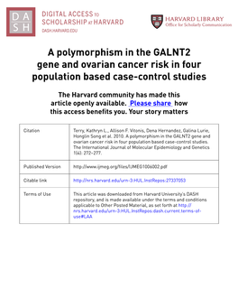 A Polymorphism in the GALNT2 Gene and Ovarian Cancer Risk in Four Population Based Case-Control Studies