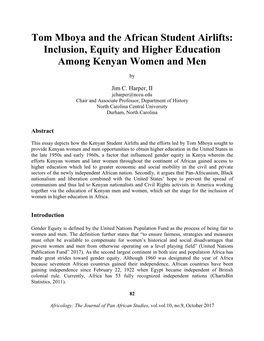 Tom Mboya and the African Student Airlifts: Inclusion, Equity and Higher Education Among Kenyan Women and Men