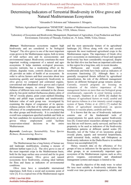 Determining Indicators of Terrestrial Biodiversity in Olive Grove and Natural Mediterranean Ecosystems