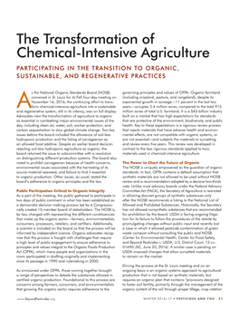 The Transformation of Chemical-Intensive Agriculture Participating in the Transition to Organic, Sustainable, and Regenerative Practices