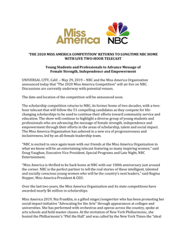 'The 2020 Miss America Competition' Returns To