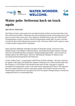 Water Polo: Setterosa Back on Track Again