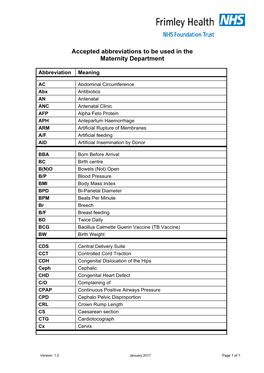 Accepted Abbreviations to Be Used in the Maternity Department