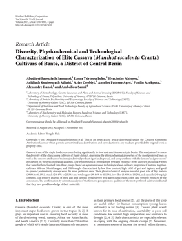 Diversity, Physicochemical and Technological Characterization of Elite Cassava (Manihot Esculenta Crantz) Cultivars of Bantè, a District of Central Benin