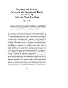 Biography and Abortion: Perception and Distortion of Reality in Accounts by Celebrity Aborted Mothers Jeff Koloze