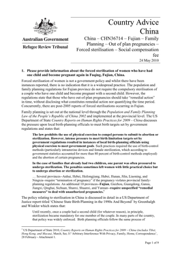 Country Advice China China – CHN36714 – Fujian – Family Planning – out of Plan Pregnancies – Forced Sterilisation – Social Compensation Fee 24 May 2010