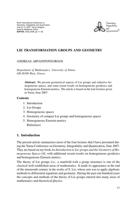 LIE TRANSFORMATION GROUPS and GEOMETRY 1. Introduction