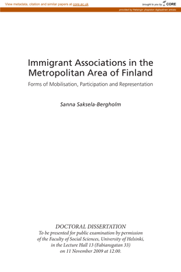 Immigrant Associations in the Metropolitan Area of Finland Forms of Mobilisation, Participation and Representation