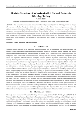 Floristic Structure of Yukarisevindikli Natural Pasture in Tekirdag, Turkey